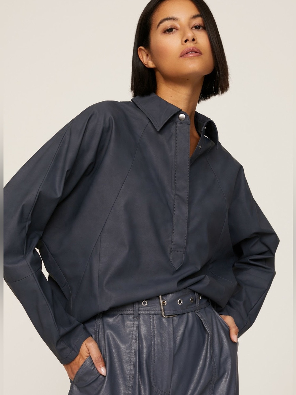 Marissa Webb Navy Leather-Look Button Front Faux Leather Tunic
